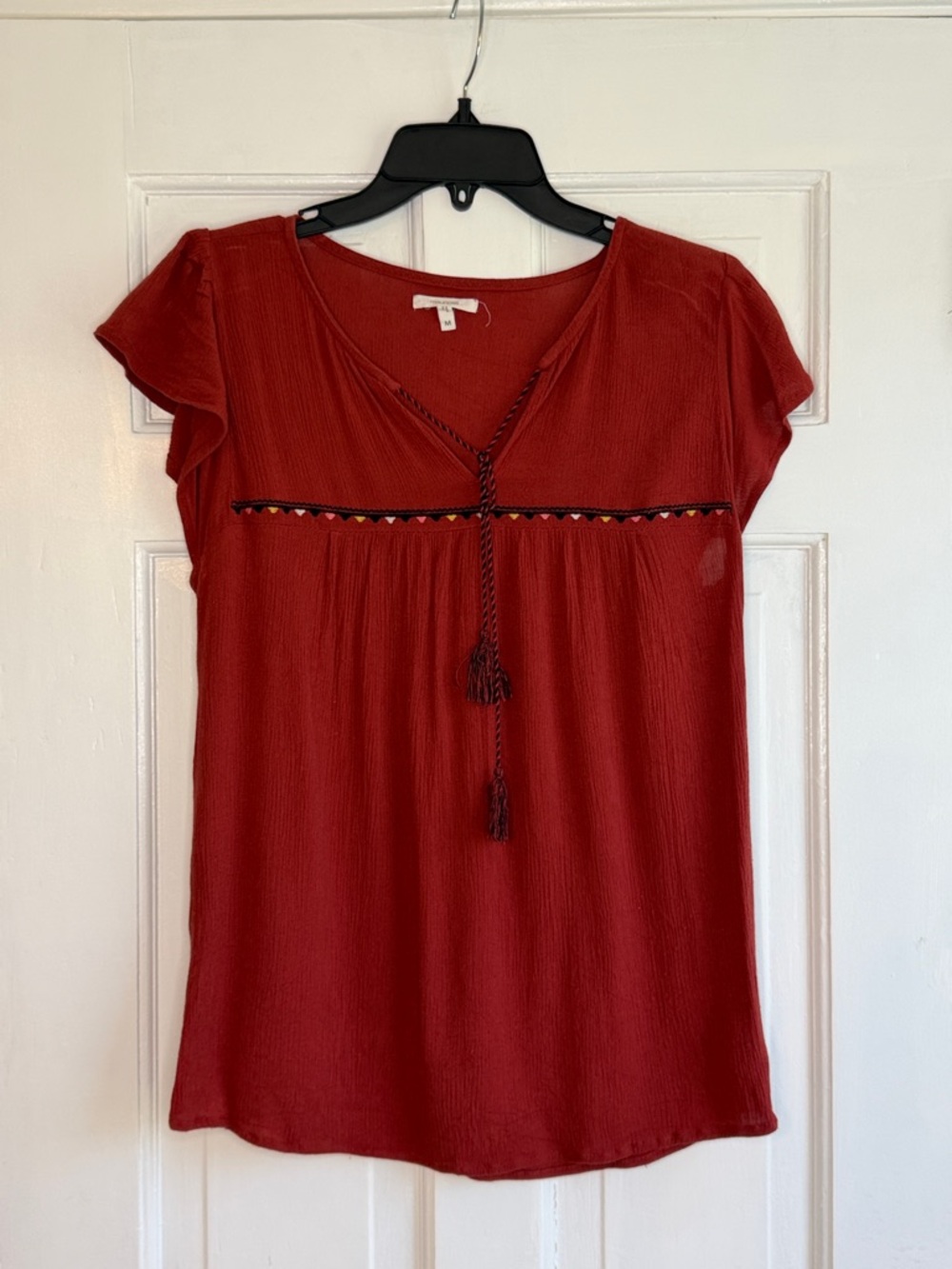 Maurices Burgundy V-Neck Tie-Front Short Sleeve Blouse